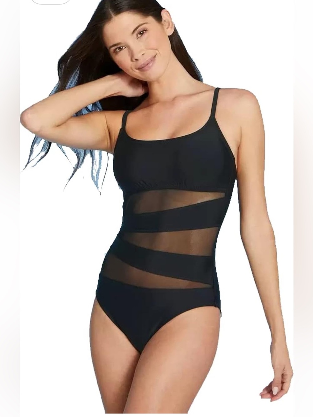 Shade and Shore Black One Piece Swim Suit with Mesh Sheer Panels, size small
